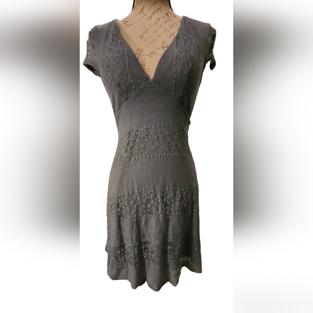 Charlotte Russe Blue / Gray Lace mini dress with plunging Neckline. Size S